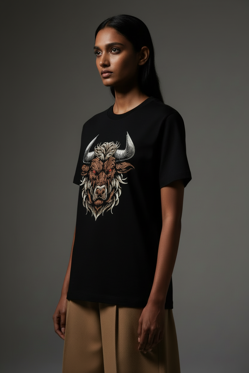 Female side view black bison t-shirt