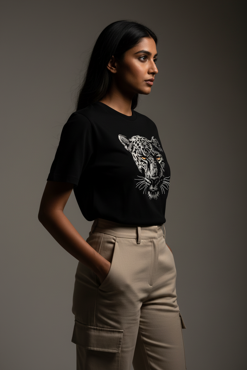 Female side view leopard t-shirt