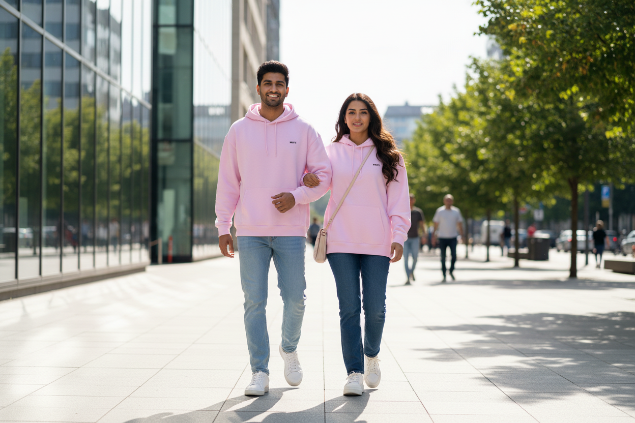 Lifestyle shot - baby pink hoodie